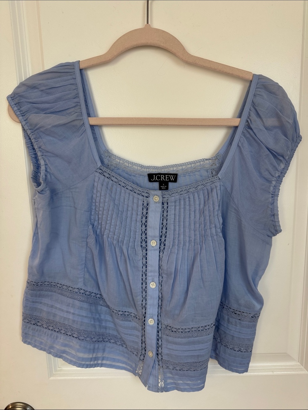 J. Crew Light Blue Pintuck & Lace Button-Front Top
